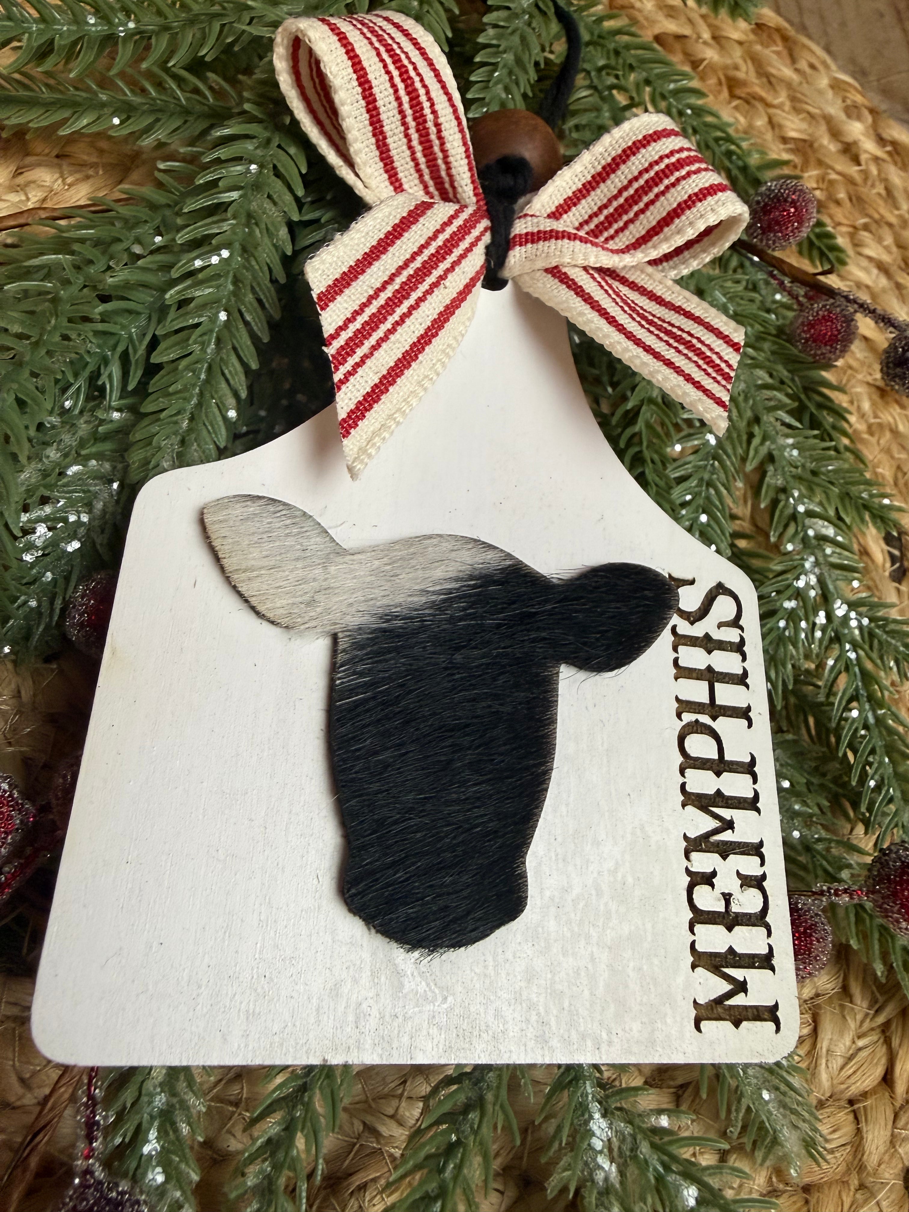 Personalized Cowhide ear tag ornament- Authentic cowhide
