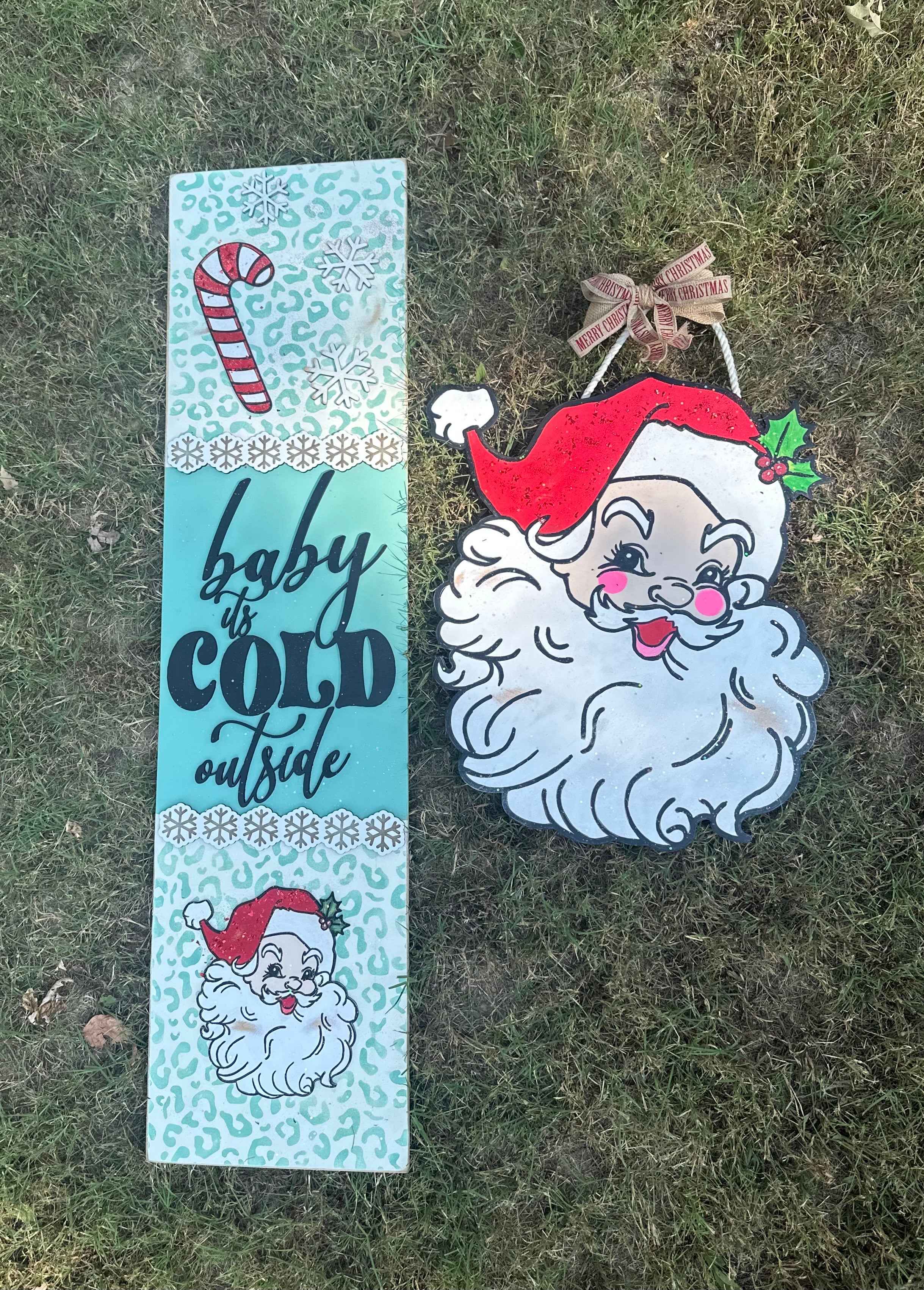 Santa Door Hanger & Leaner Set:  Santa Christmas Decor Vintage