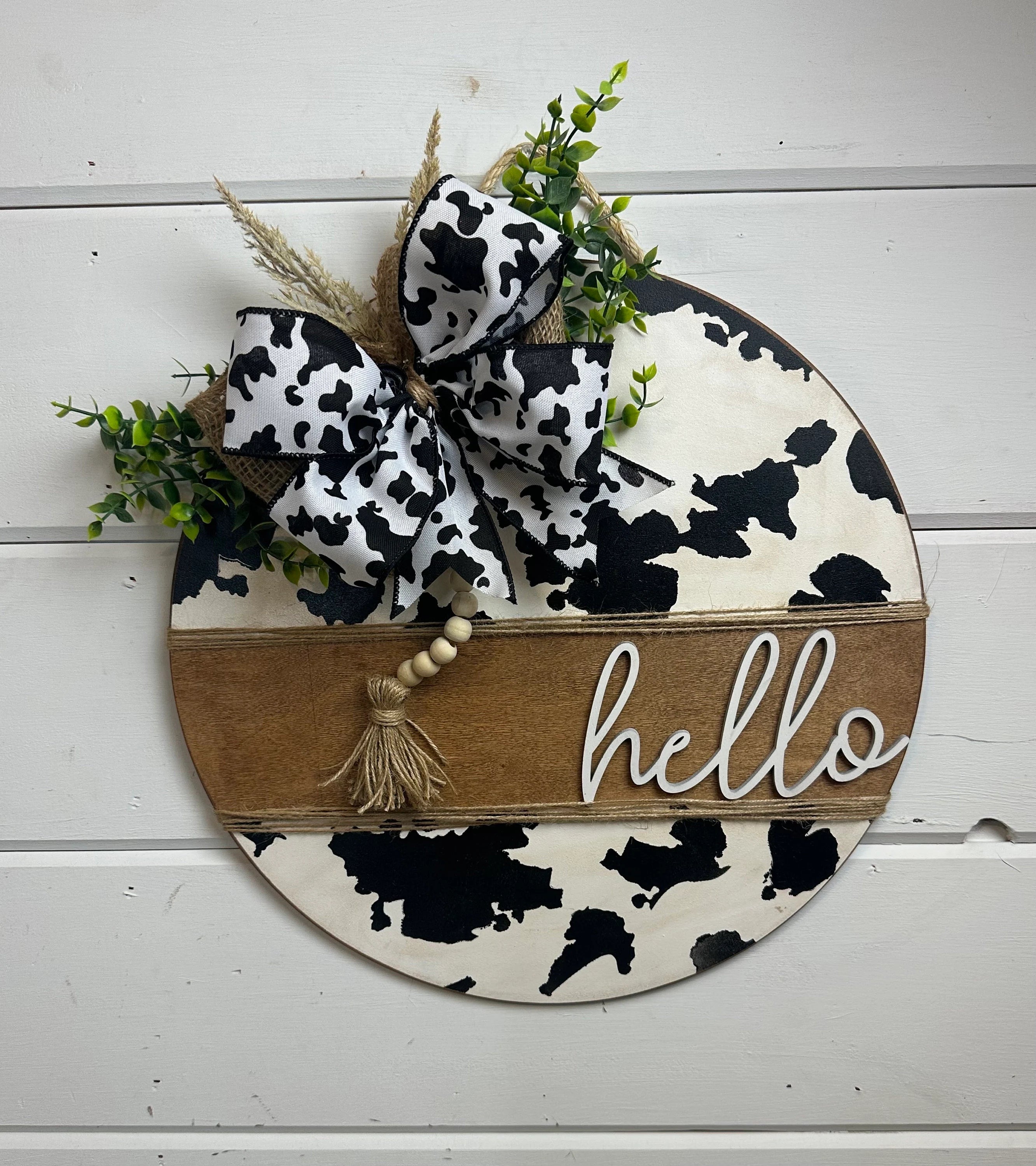 Cow print Welcome door hanger