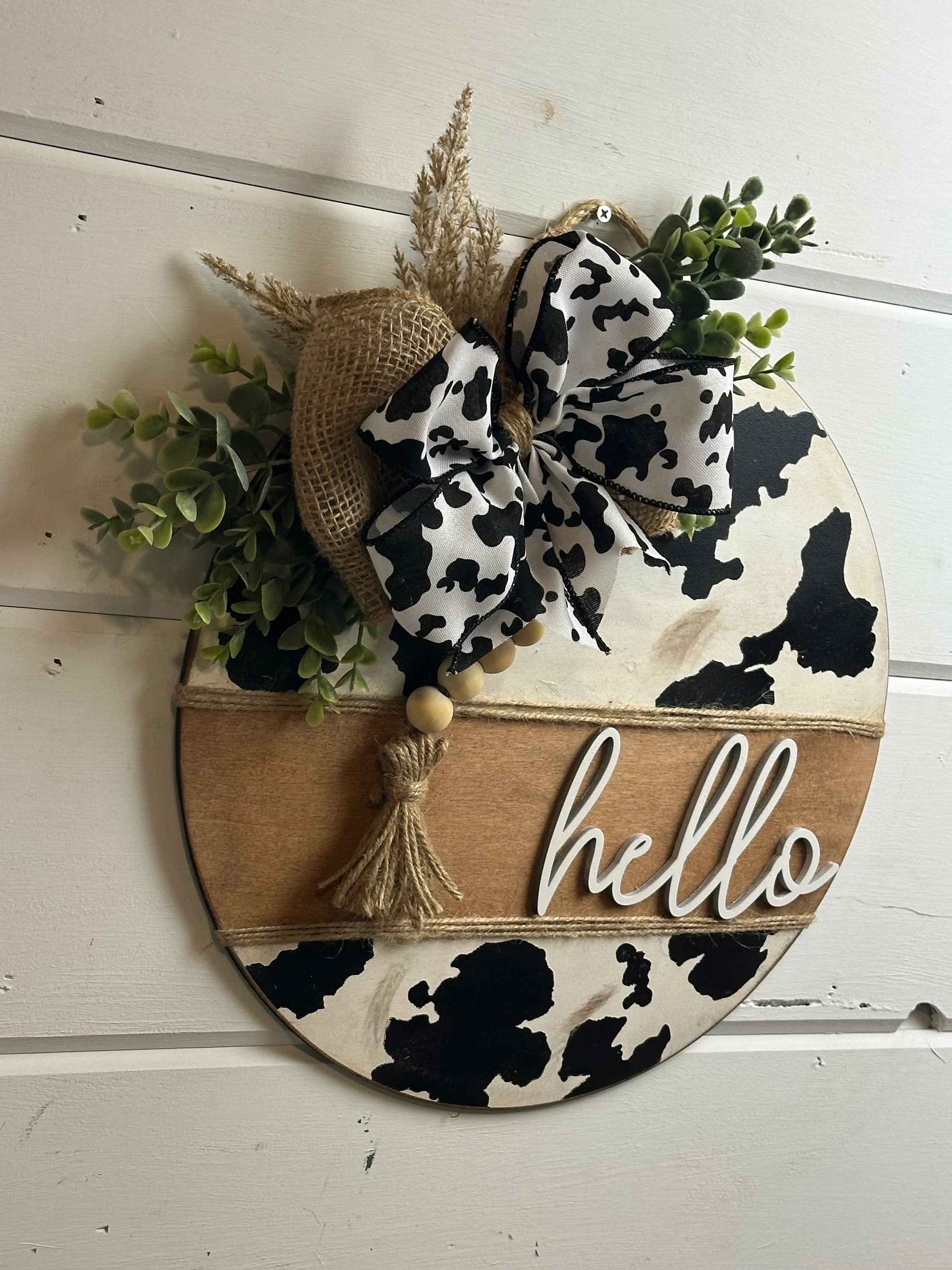 Cow print Welcome door hanger