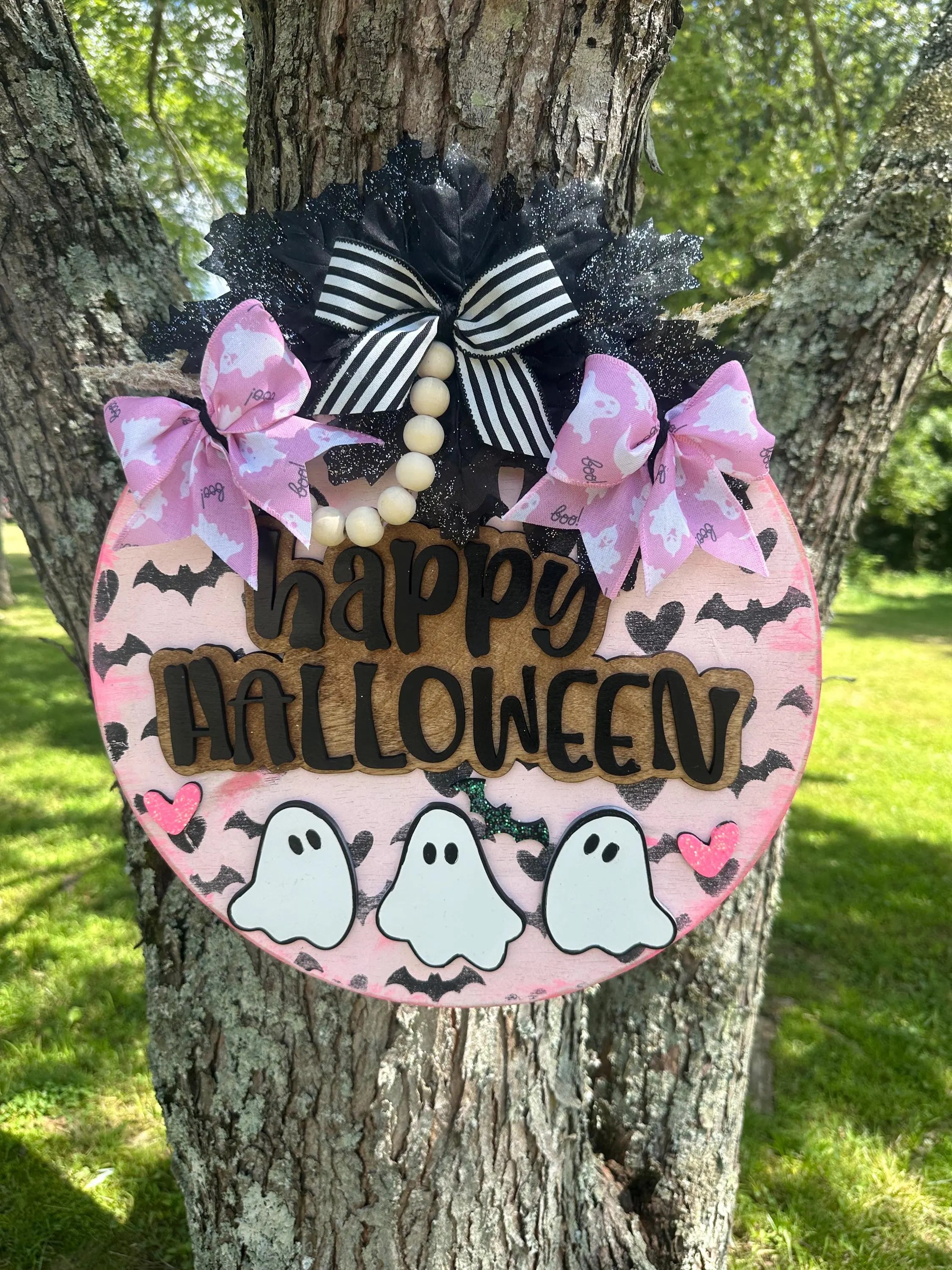 Happy Halloween Pink Ghost Front door