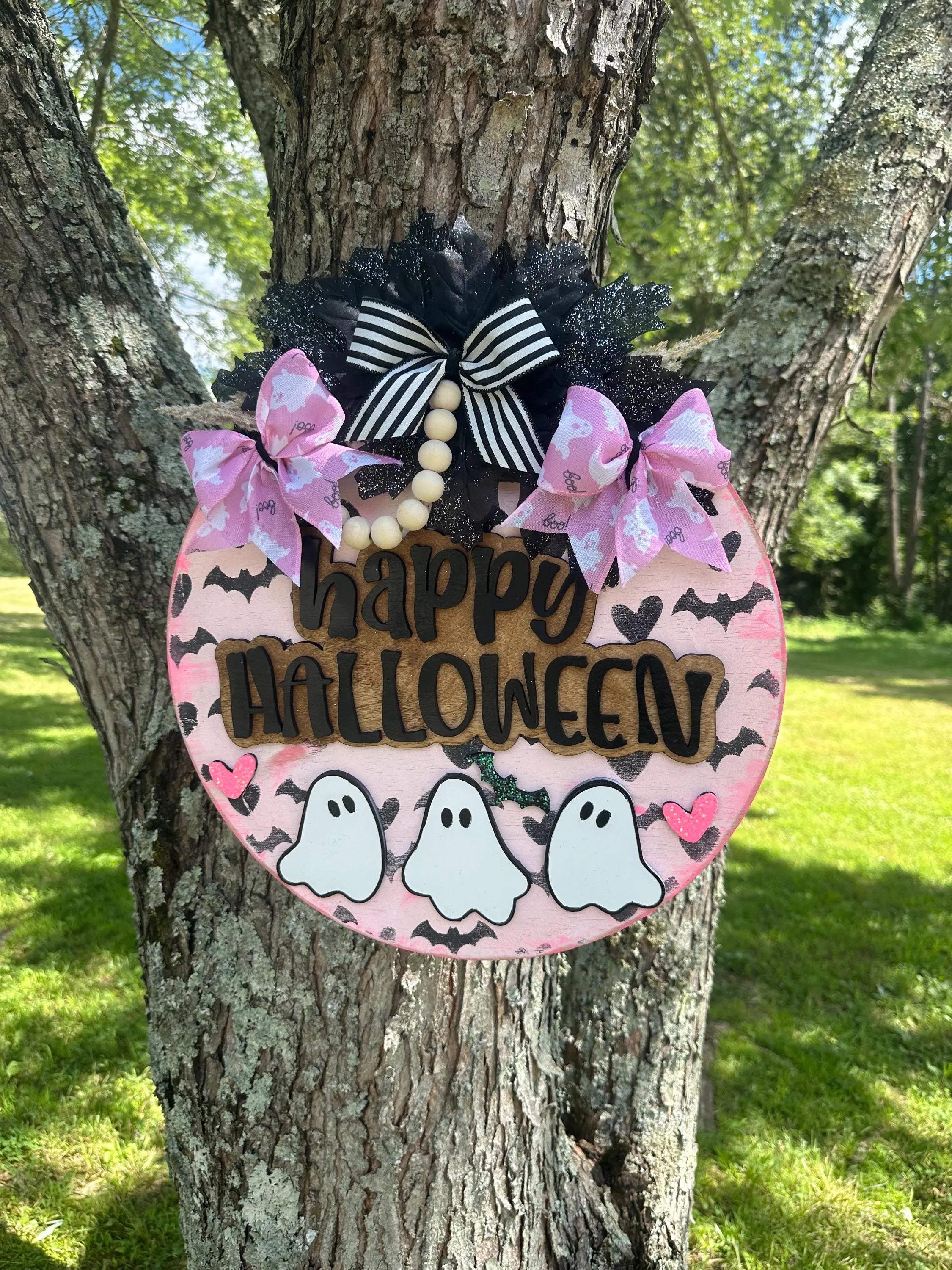 Happy Halloween Pink Ghost Front door